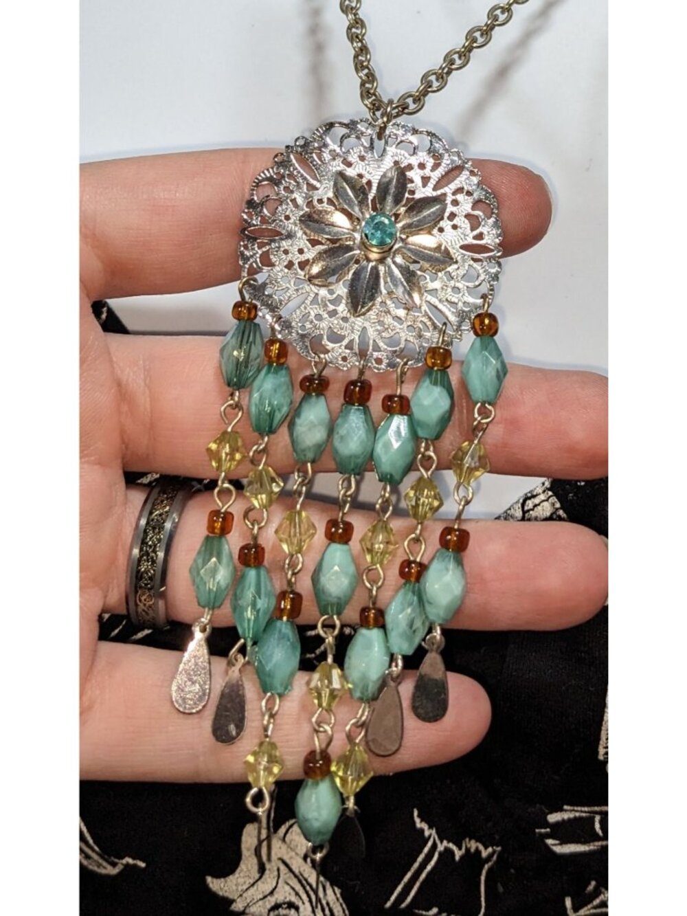 Boho Ethereal Silver Tone Filigree Floral Medallion Beaded Fringe Necklace